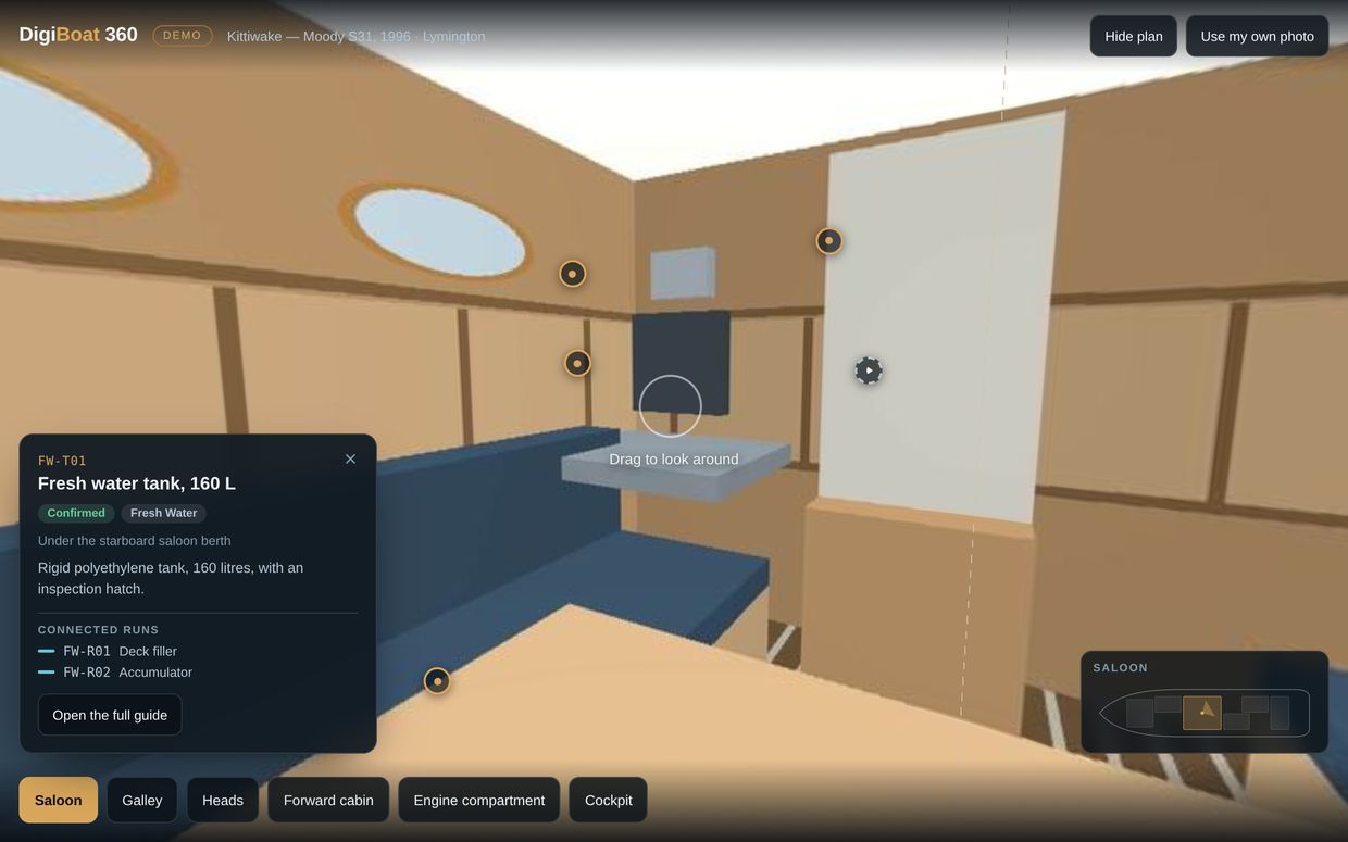 A 360 view of a yacht interior with a component record open beside it